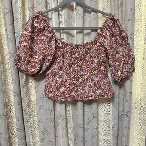 Sim & Sam Floral Puff Sleeve Smocked Peplum Top Cottagecore 100% Cotton‎ S